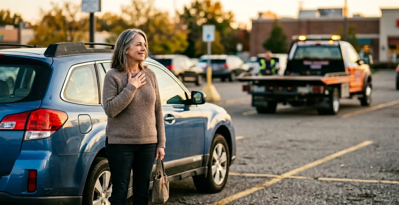 Propriétaire serein à côté de sa voiture de plus de 10 ans après dépannage rapide