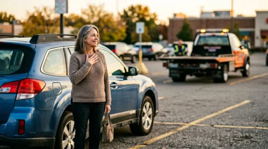 Propriétaire serein à côté de sa voiture de plus de 10 ans après dépannage rapide