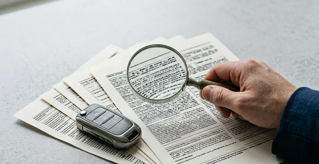 Clés de voiture posées sur un contrat d'assurance automobile avec loupe révélant les clauses d'indemnisation