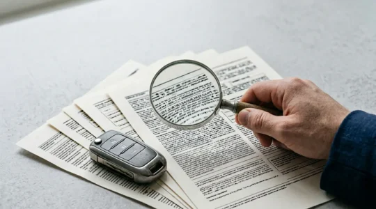 Clés de voiture posées sur un contrat d'assurance automobile avec loupe révélant les clauses d'indemnisation