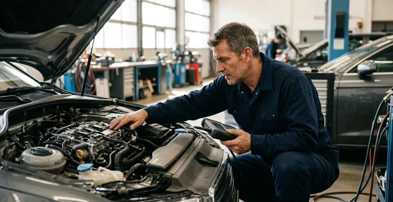 Mécanicien professionnel diagnostiquant des bruits suspects de moteur dans un garage moderne