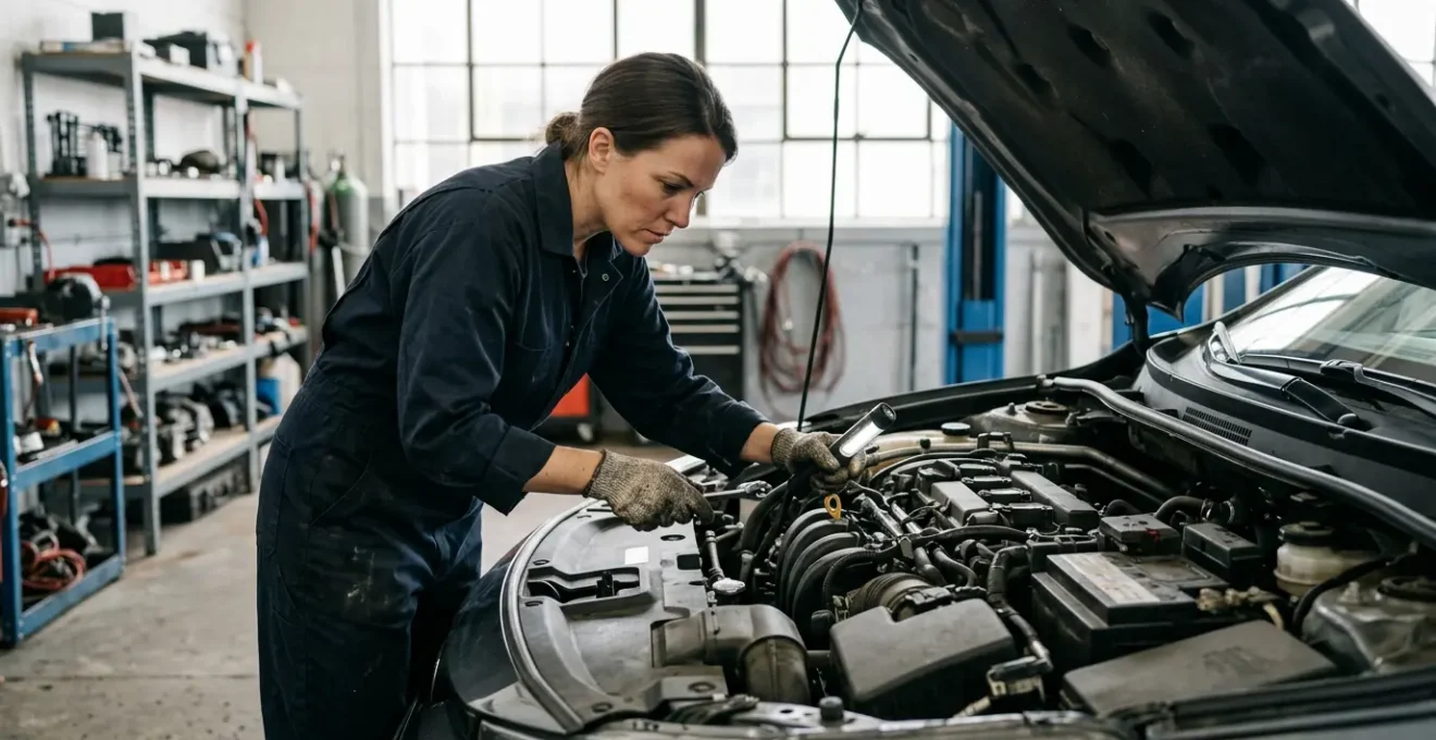 Mécanicien professionnel travaillant sous le capot d'une berline moderne dans un garage automobile éclairé naturellement