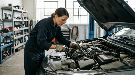 Mécanicien professionnel travaillant sous le capot d'une berline moderne dans un garage automobile éclairé naturellement