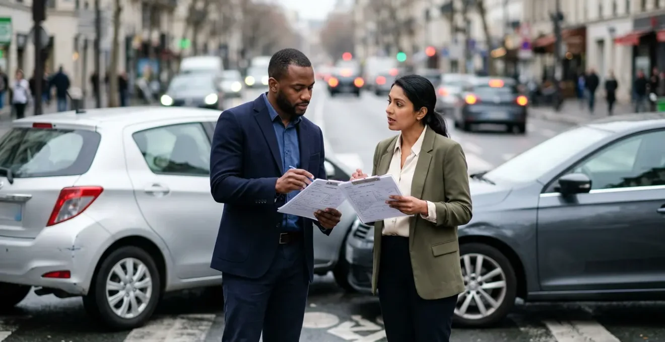 Deux conducteurs échangeant leurs informations après un accident automobile