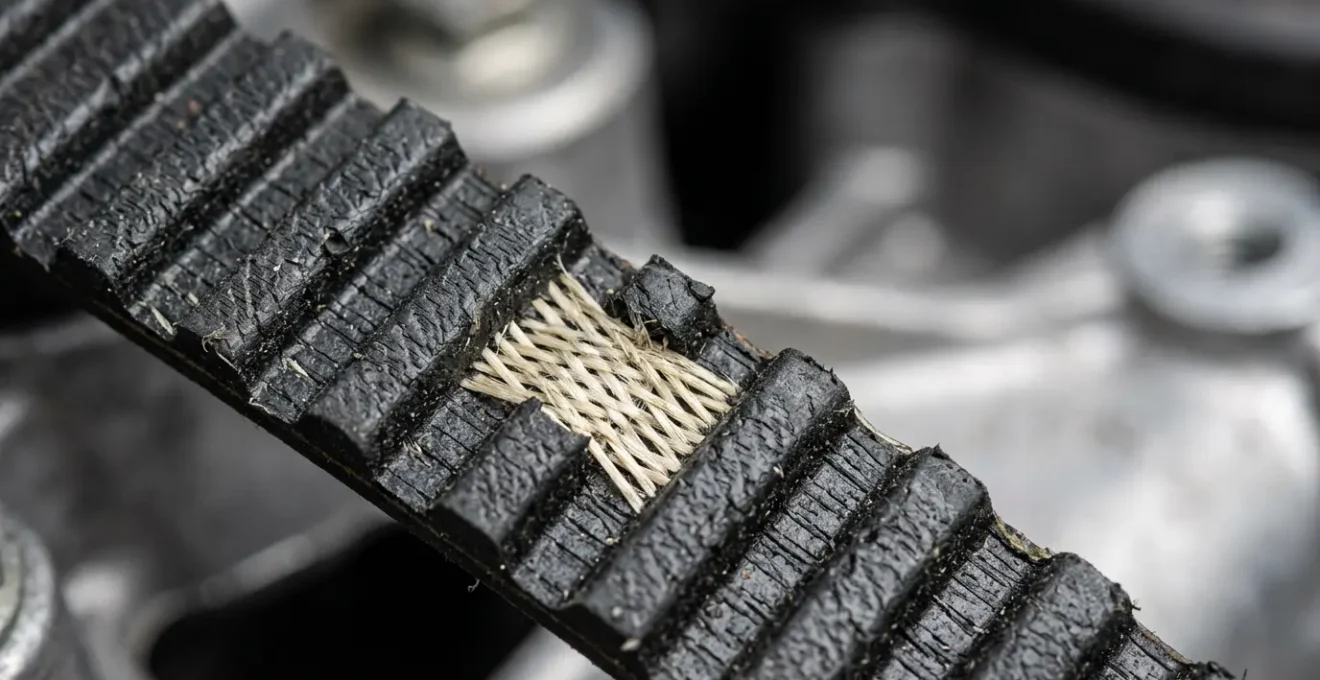 Gros plan réaliste sur une courroie de distribution automobile révélant sa texture crantée et ses fibres de verre