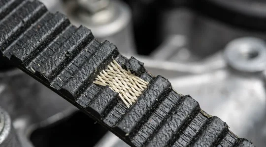 Gros plan réaliste sur une courroie de distribution automobile révélant sa texture crantée et ses fibres de verre