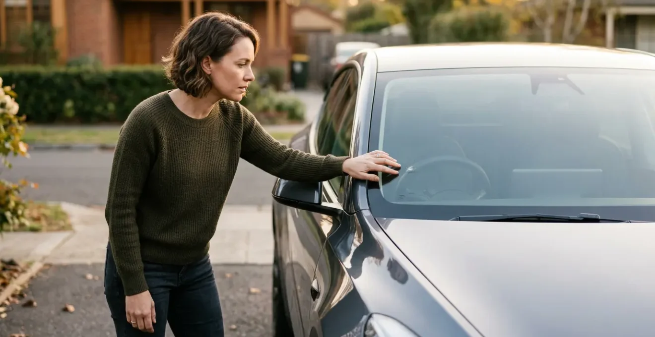 Conducteur inspectant un impact sur son pare-brise automobile près de son véhicule