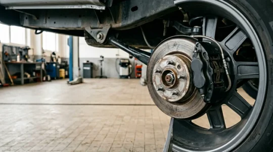Système de freinage automobile avec disques et plaquettes en gros plan