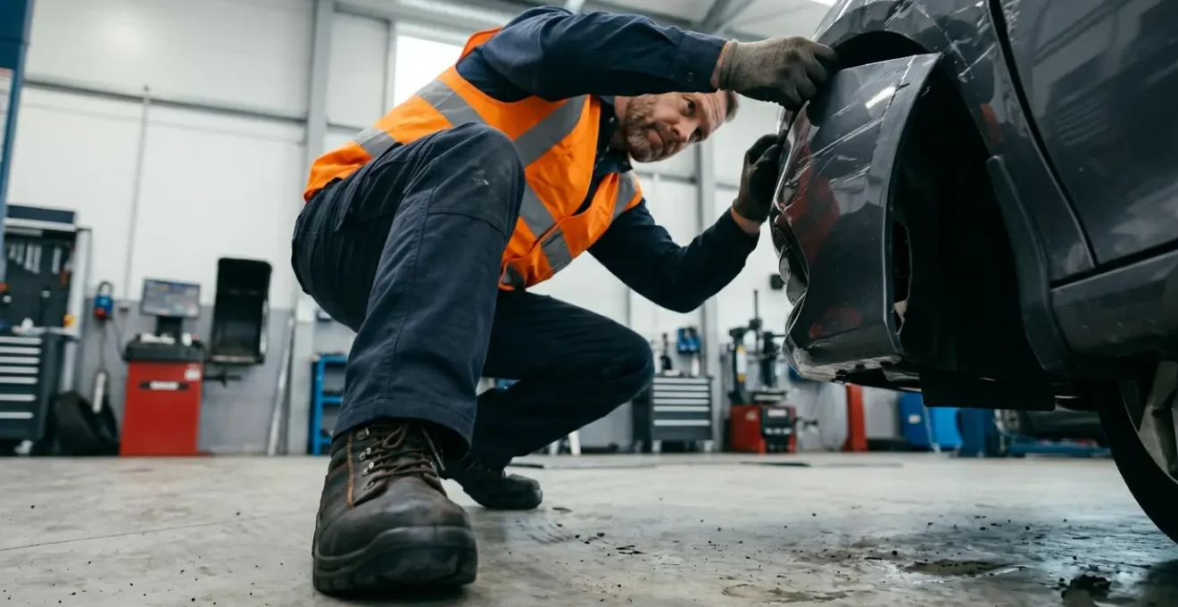 Expert automobile inspectant minutieusement un véhicule endommagé pour évaluation VRADE