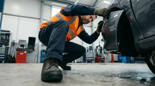 Expert automobile inspectant minutieusement un véhicule endommagé pour évaluation VRADE