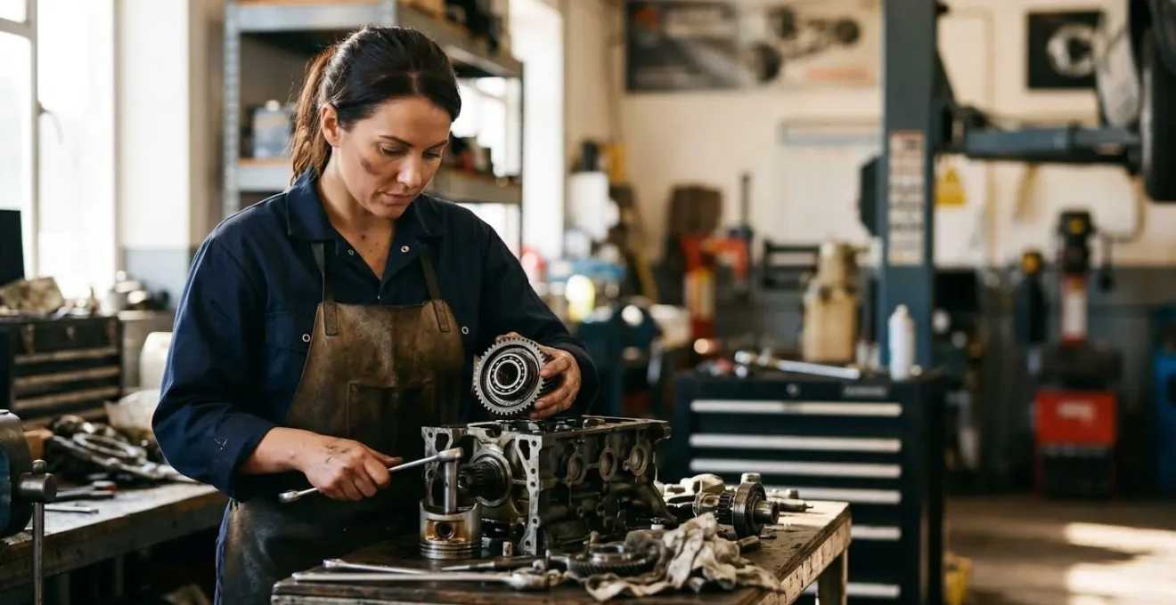 Professionnel de la mécanique automobile examinant des composants mécaniques dans un atelier