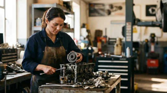 Professionnel de la mécanique automobile examinant des composants mécaniques dans un atelier