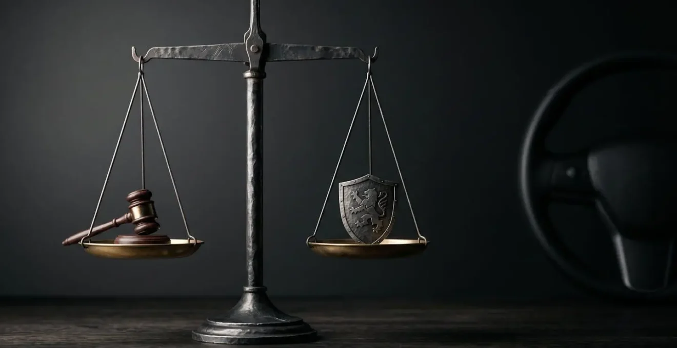 Scène symbolisant la protection juridique en cas d'accident automobile avec dimension de défense pénale
