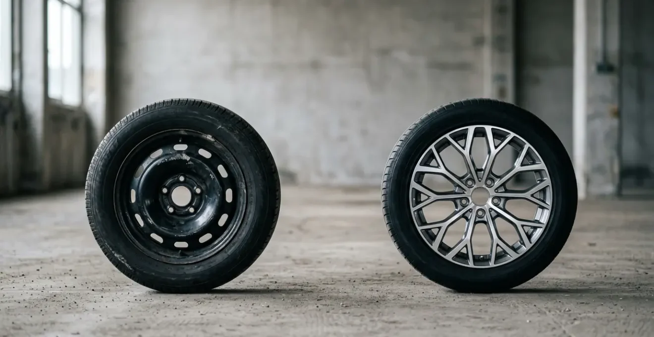 Comparaison visuelle entre jantes tôle robustes et jantes alliage esthétiques sur fond neutre