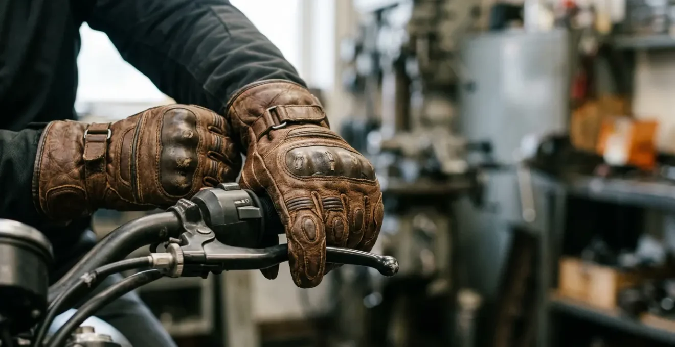 Mains d'un motard portant des gants certifiés CE avec détails de protection