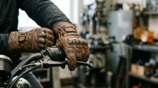 Mains d'un motard portant des gants certifiés CE avec détails de protection