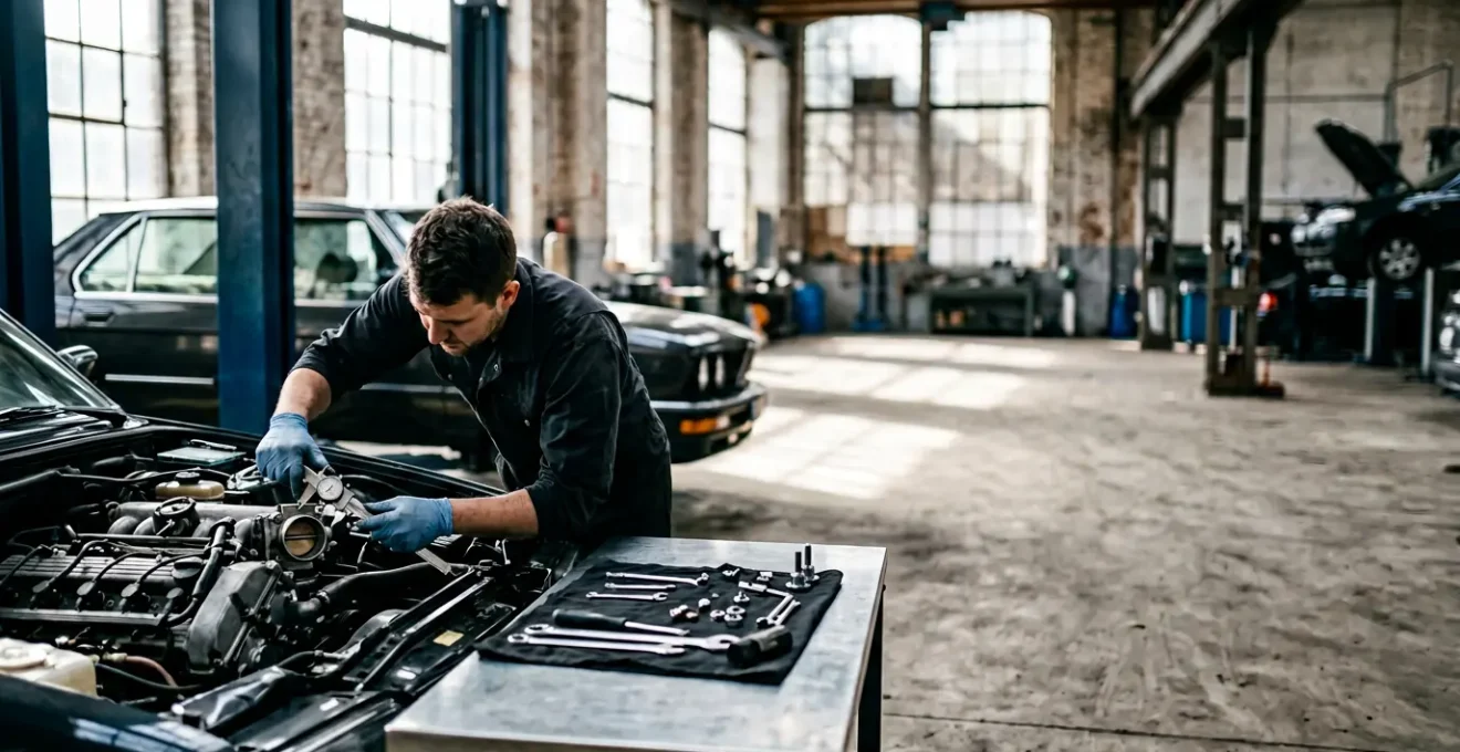 Mécanicien professionnel consultant un catalogue de pièces automobiles dans un atelier moderne