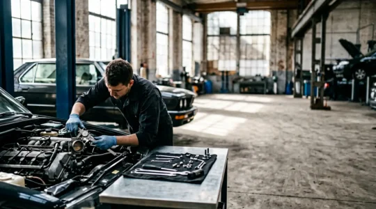 Mécanicien professionnel consultant un catalogue de pièces automobiles dans un atelier moderne