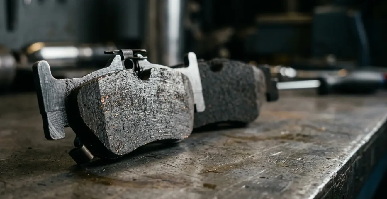 Plaquettes et disques de frein automobile en gros plan, matériaux contrastés illustrant la différence entre pièces d'origine et adaptables