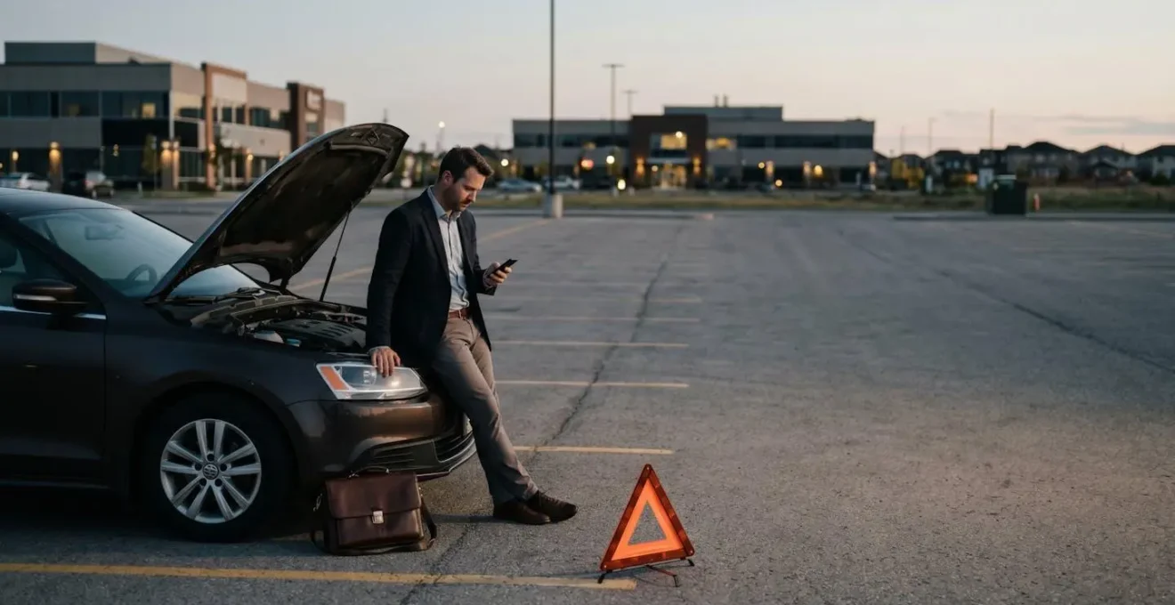 Automobiliste bloqué sur parking de bureau avec voiture en panne, zone périurbaine en arrière-plan