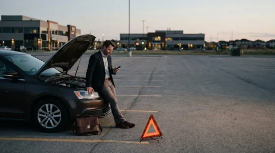 Automobiliste bloqué sur parking de bureau avec voiture en panne, zone périurbaine en arrière-plan