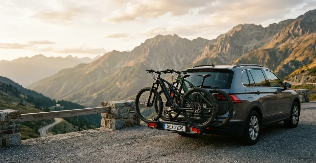Porte-vélos sur attelage transportant des vélos électriques en montagne