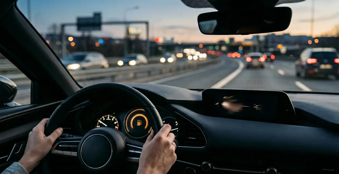 Vue large d'un tableau de bord moderne de voiture avec compteur de vitesse, symbolisant la gestion économique d'un véhicule