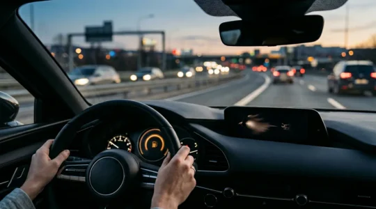 Vue large d'un tableau de bord moderne de voiture avec compteur de vitesse, symbolisant la gestion économique d'un véhicule