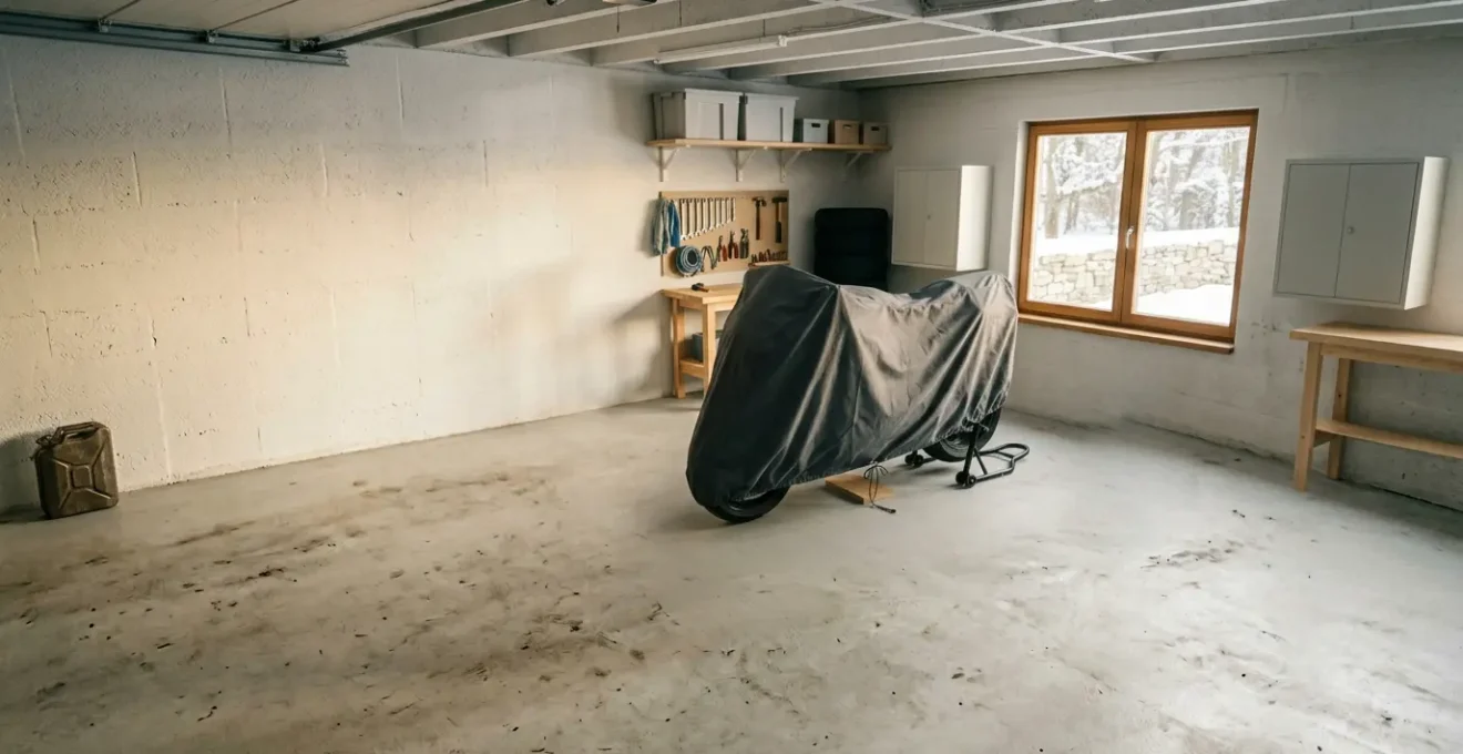 Motard préparant sa moto pour l'hivernage dans un garage sécurisé