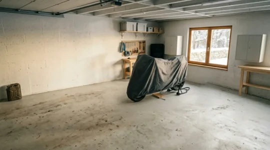 Motard préparant sa moto pour l'hivernage dans un garage sécurisé