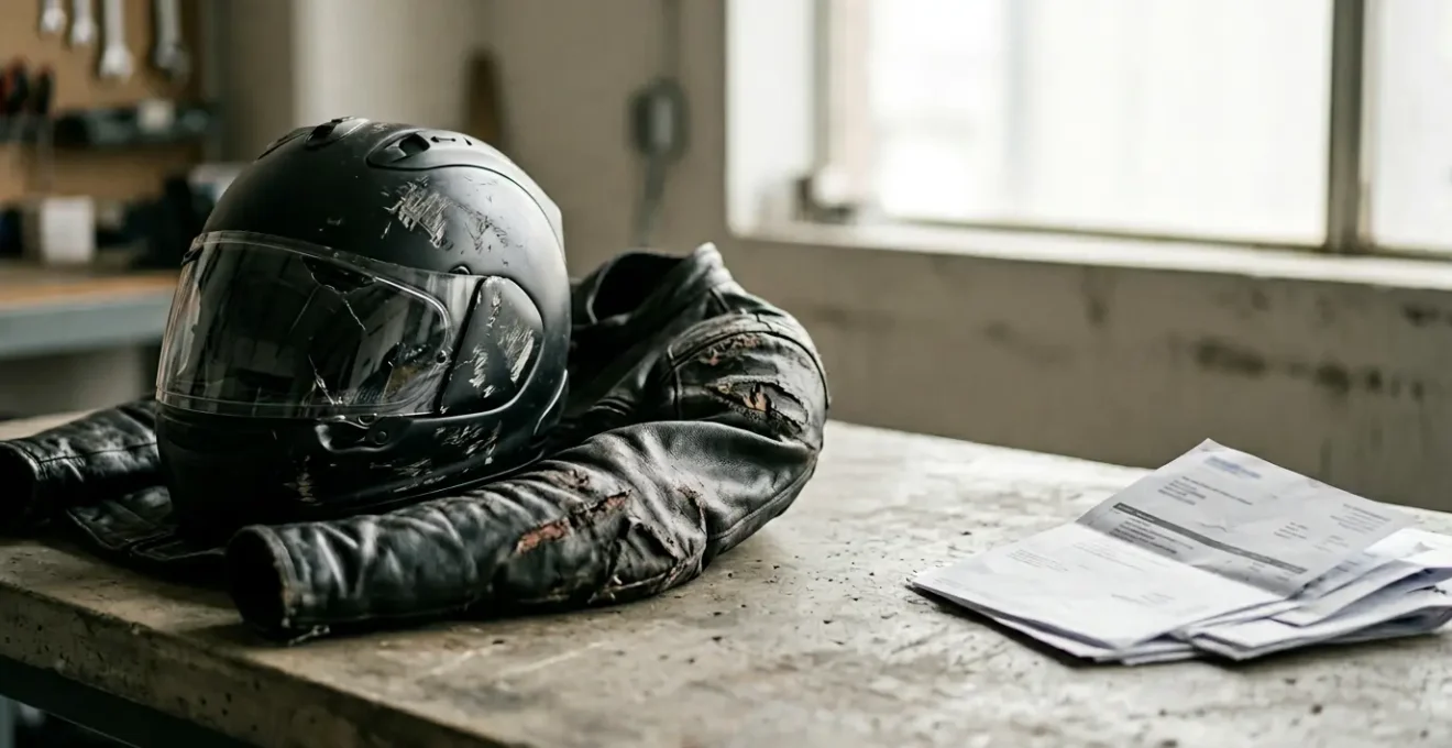Équipement de protection moto endommagé après une chute avec documents d'assurance
