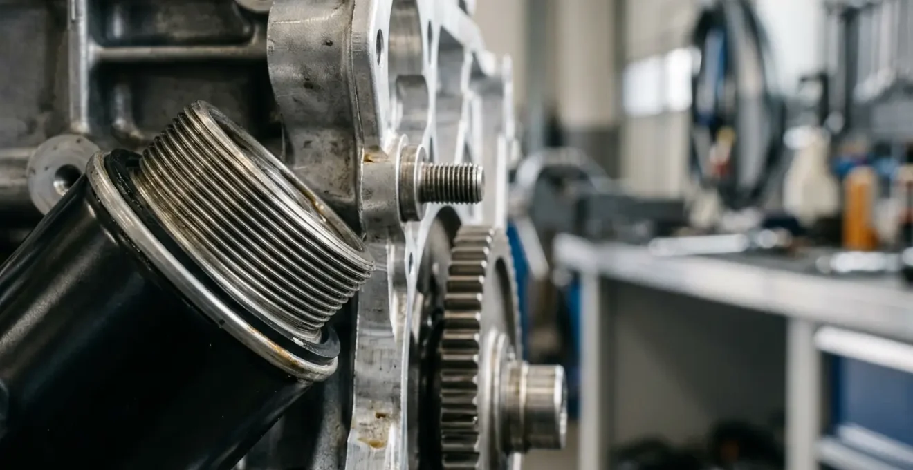 Gros plan macro sur des pièces mécaniques automobiles premium illustrant le concept de maintenance et révision constructeur