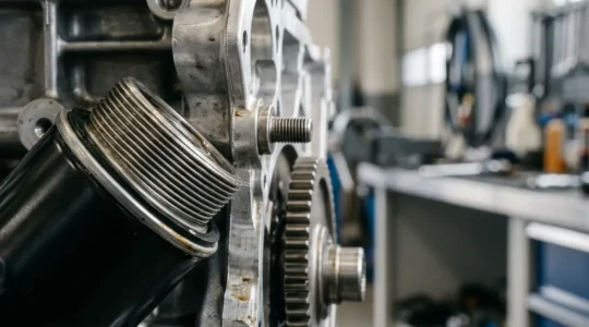 Gros plan macro sur des pièces mécaniques automobiles premium illustrant le concept de maintenance et révision constructeur