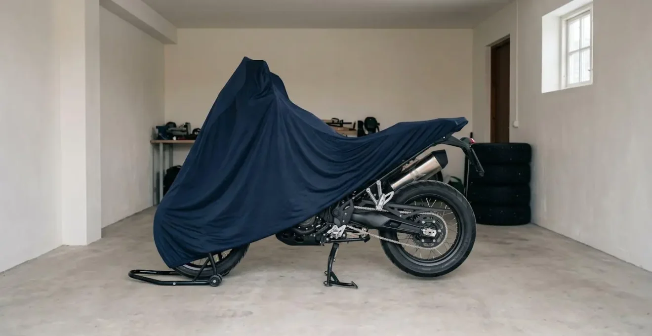 Moto couverte dans un garage privé pendant l'hiver, représentant l'hivernage saisonnier et la suspension d'assurance