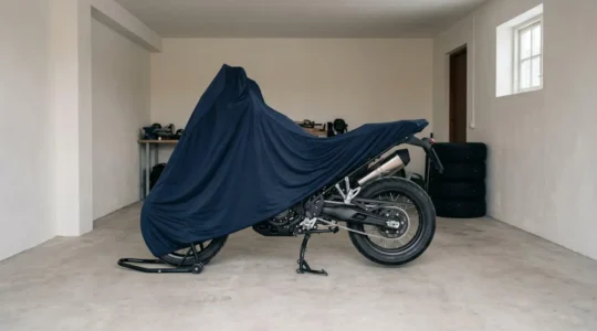 Moto couverte dans un garage privé pendant l'hiver, représentant l'hivernage saisonnier et la suspension d'assurance
