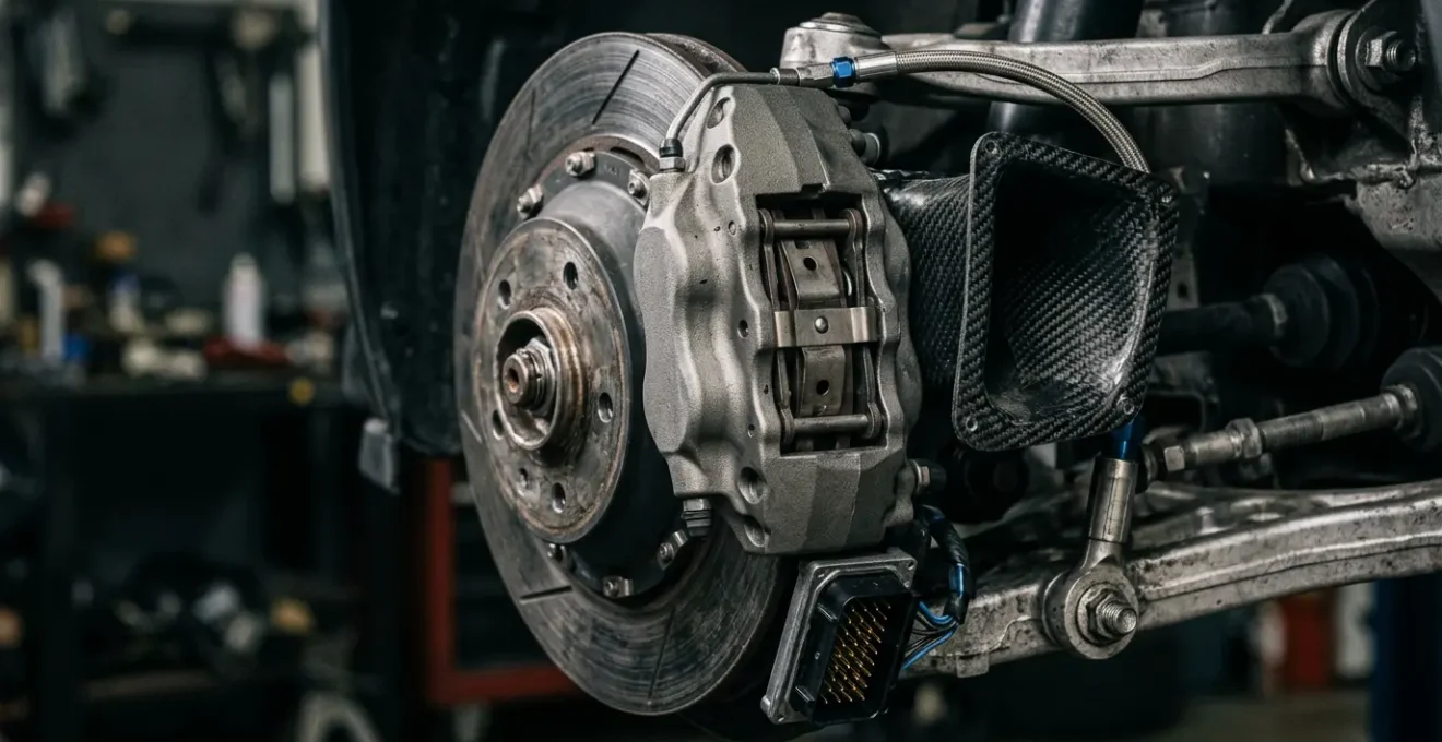 Gros plan sur des détails mécaniques d'un véhicule sportif modifié avec équipements performance dans un environnement d'atelier automobile