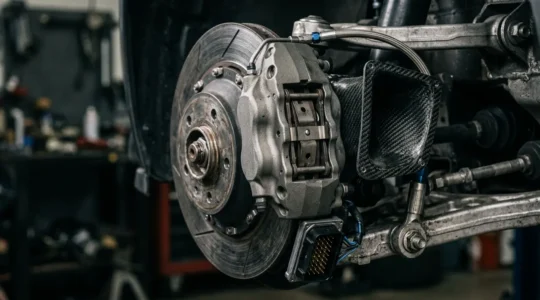 Gros plan sur des détails mécaniques d'un véhicule sportif modifié avec équipements performance dans un environnement d'atelier automobile