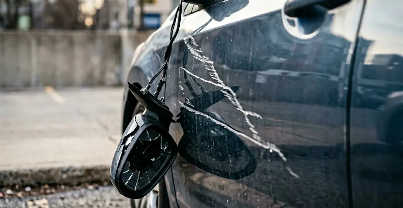 Véhicule endommagé par du vandalisme avec rayures et rétroviseur cassé sur un parking urbain