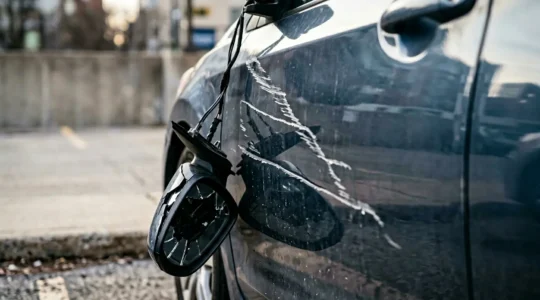 Véhicule endommagé par du vandalisme avec rayures et rétroviseur cassé sur un parking urbain