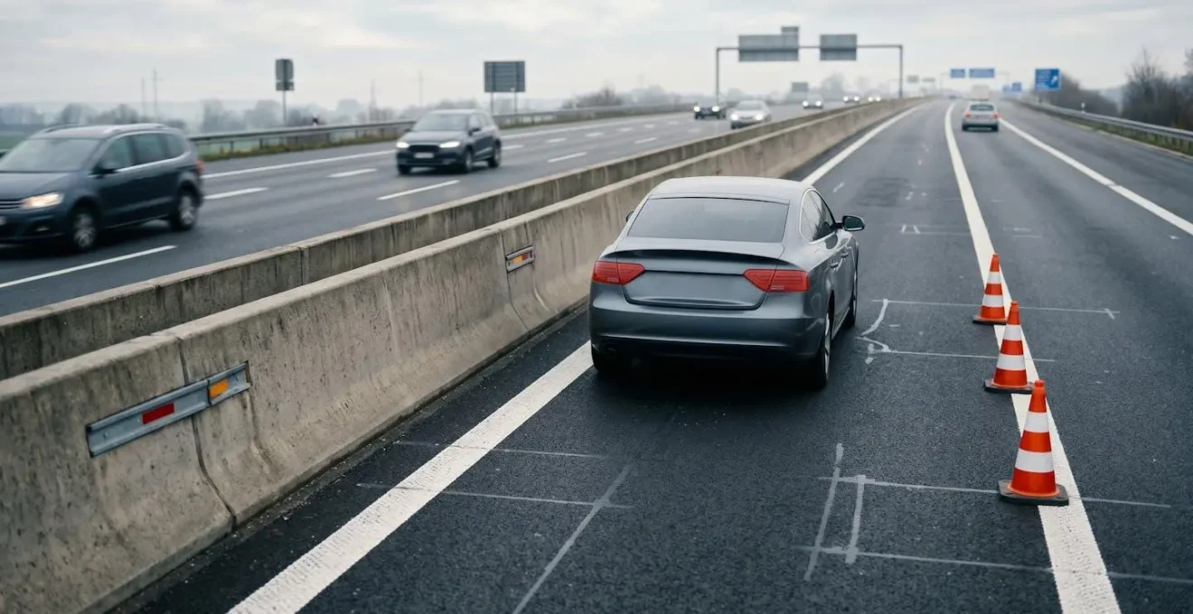 Véhicule arrêté sur la bande d'arrêt d'urgence d'une autoroute française avec gilets de sécurité et environnement sécurisé