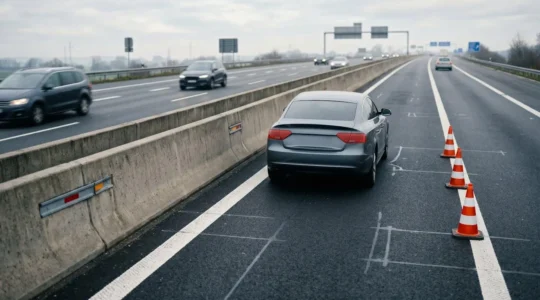 Véhicule arrêté sur la bande d'arrêt d'urgence d'une autoroute française avec gilets de sécurité et environnement sécurisé