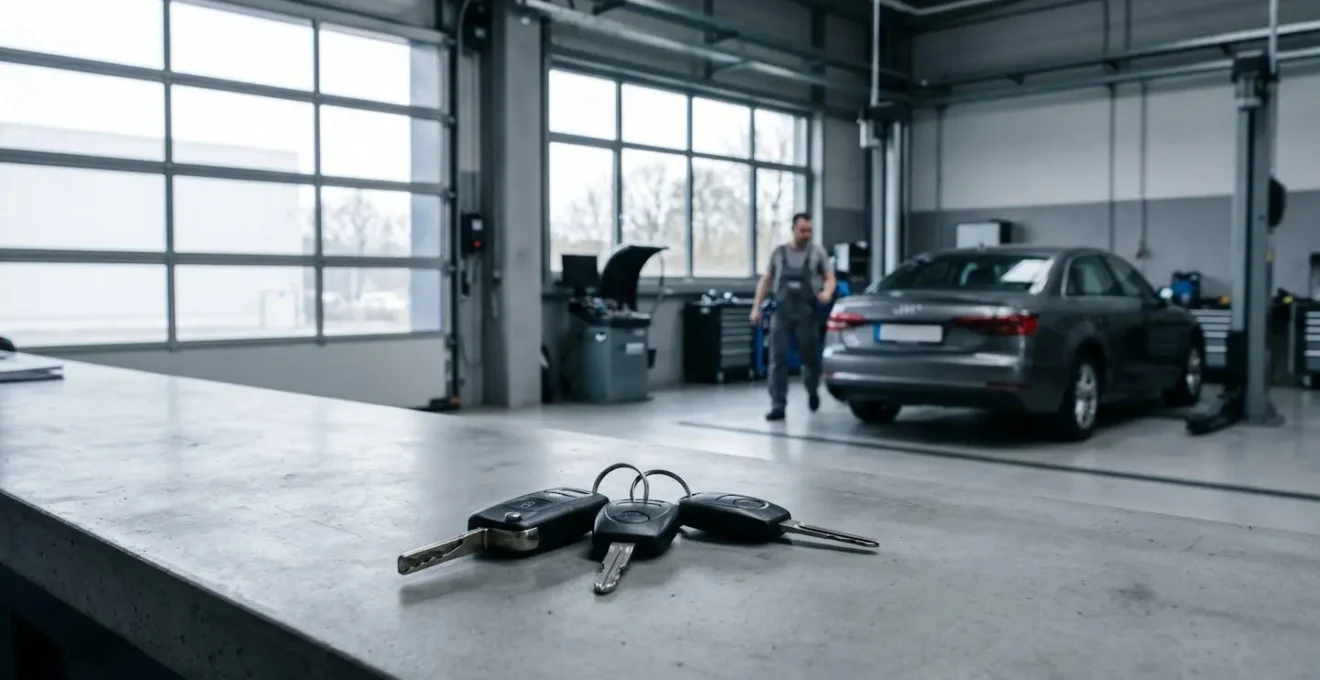 Véhicule en attente de réparation avec clés de voiture au premier plan