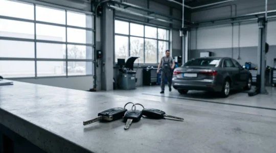 Véhicule en attente de réparation avec clés de voiture au premier plan