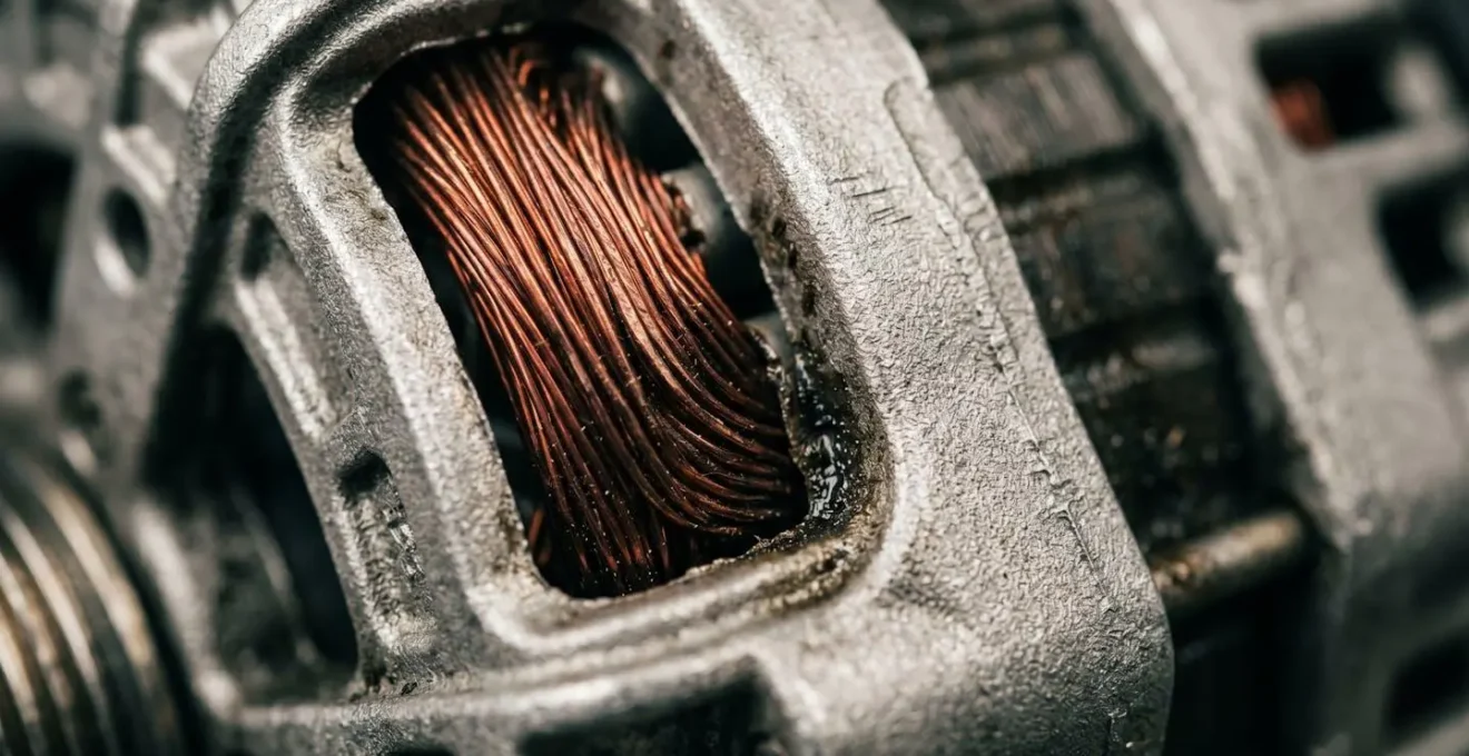 Gros plan sur les composants métalliques d'un alternateur automobile montrant la qualité de fabrication