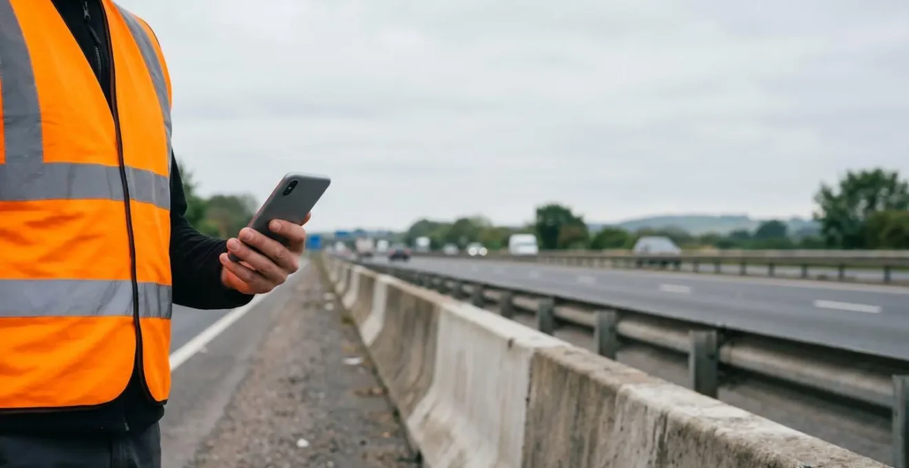 Smartphone en situation d'urgence sur autoroute avec géolocalisation active pour les secours