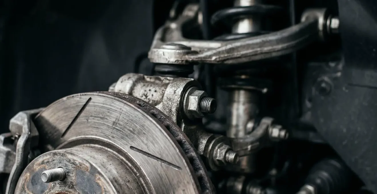 Gros plan sur des composants automobiles métalliques de sécurité dans un environnement technique épuré