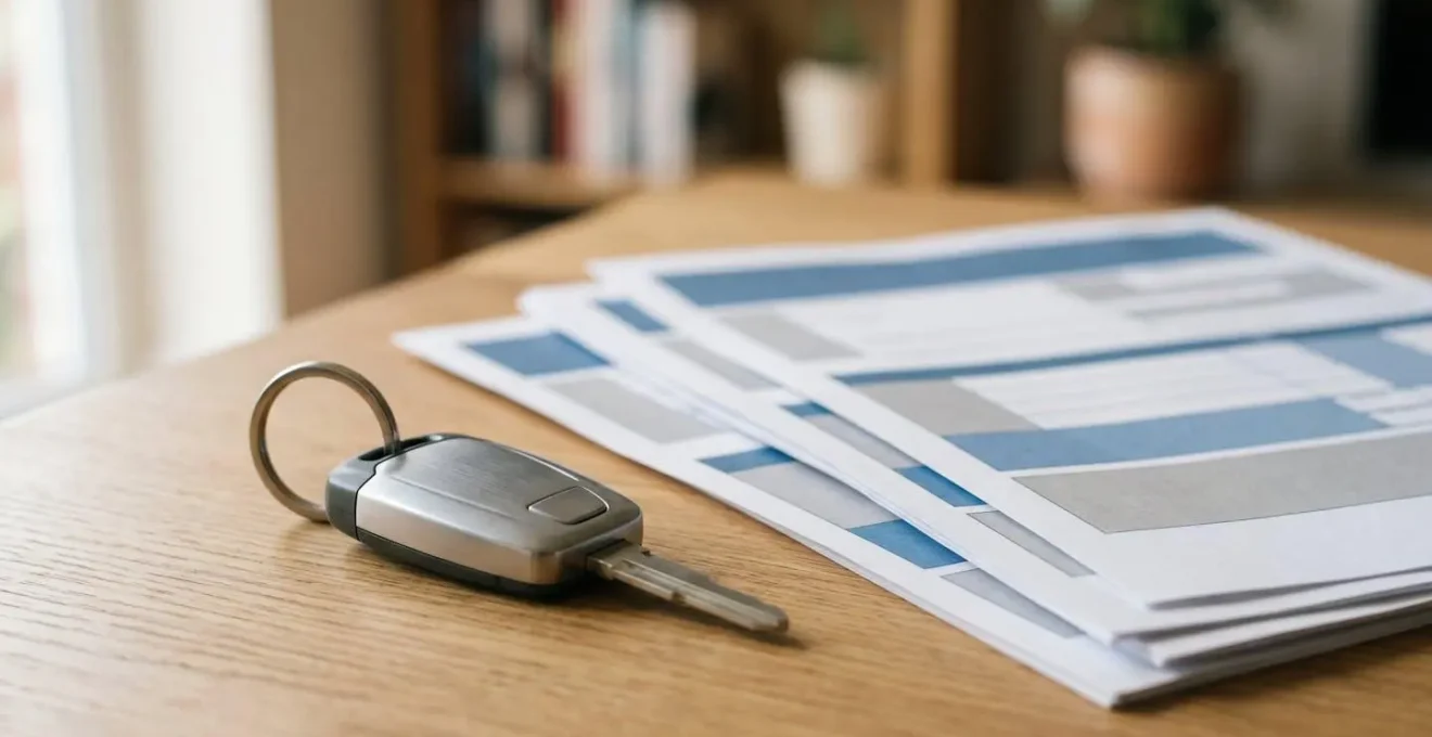 Clés de voiture posées à côté de documents administratifs organisés sur une table, préparation pour récupération de véhicule