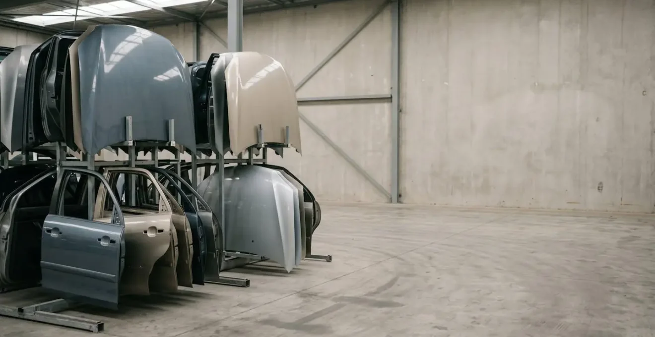 Détail d'éléments de carrosserie automobile dans un environnement minimaliste avec jeu de lumière naturelle