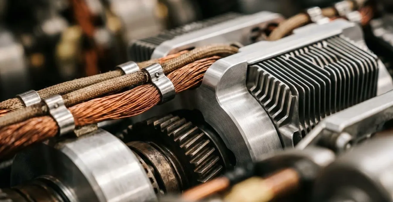 Gros plan macro sur des composants mécaniques représentant symboliquement la dualité technologique entre moteurs thermiques et hybrides