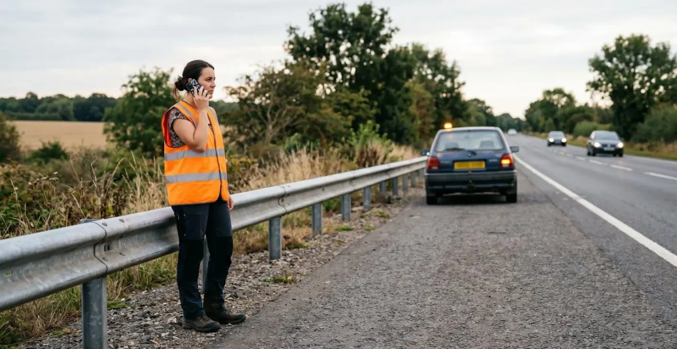 Automobiliste utilisant son téléphone pour contacter l'assistance en bord de route sécurisé